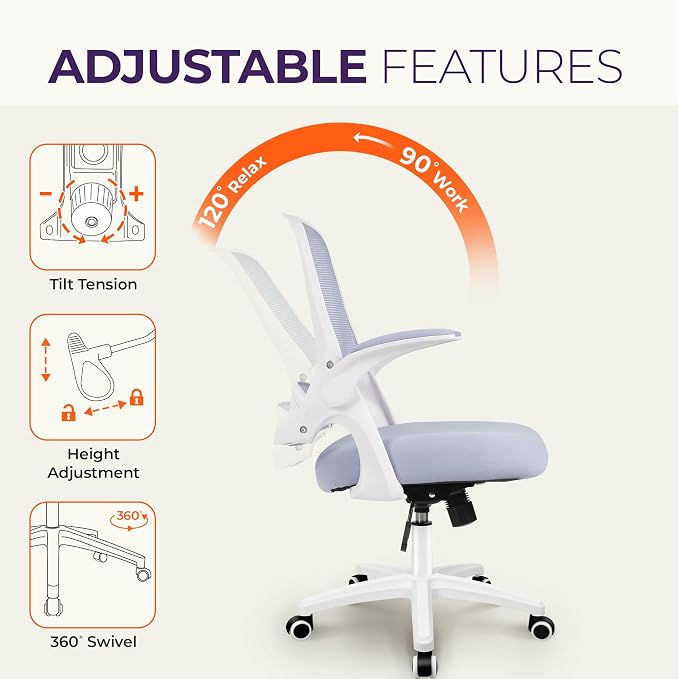 NEO CHAIR Office Desk Chair, Ergonomic Mesh with Flip-Up Armrests, Purple | Lumbar Support, Height Adjustment, 360° Swivel and Rolling Base, Space-Saving Design for Home Office, Vanity or Study - Image 6