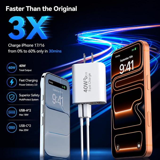 USB C Wall Fast Charger Block, 40W 4-Port Type C Charger Fast Charging Blocks PD Power Charger Adapter+QC 3.0 USB Multiport Charger Brick for iPhone 17/16/15/14/13/12 Pro Max, iPad, Galaxy S25-2Pack - Image 5