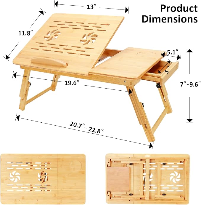 Laptop Desk for Bed, Foldable Bed Tray, Adjustable Angle & Height | Bamboo Laptop Stand with Cup Holder and Drawer, Portable Lap Desk for Couch Sofa Floor, Ideal for Breakfast, Writing, Drawing - Image 2