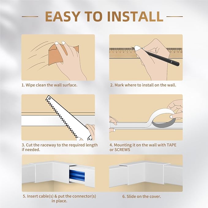 Delamu Cord Hider, 471in Total Cord Covers for Wires on Wall, Paintable Cable Cover for Wall Mounted TV, Easy Install Cable Raceways to Hide 1-2 Cords, 30 Pack, Each 15.7"L x 0.59"W x 0.40"H, White - Image 9