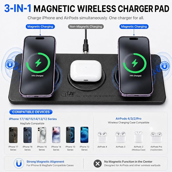 3 in 1 Magnetic Wireless Charger Pad for iPhone 17/16/15/14/13/12 Series, Fast Wireless Charging Station for AirPods 4/3/2 Pro, Raised Charging Pods Design, Magnetic Charging Mat with 24W Adapter - Image 2
