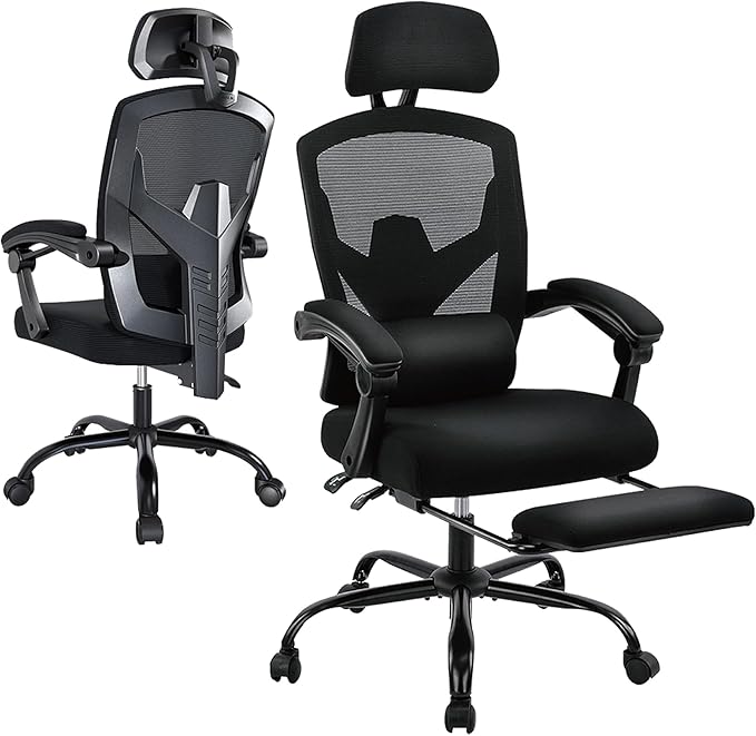 Desk Chair with Foot Rest, High-Back Mesh Office Chair with Wheels, Black | Reclining Gaming Chair with Headrest and Adjustable Lumbar Support, 90°-130° Reclining, for Home Office and Gaming by BRITEMART