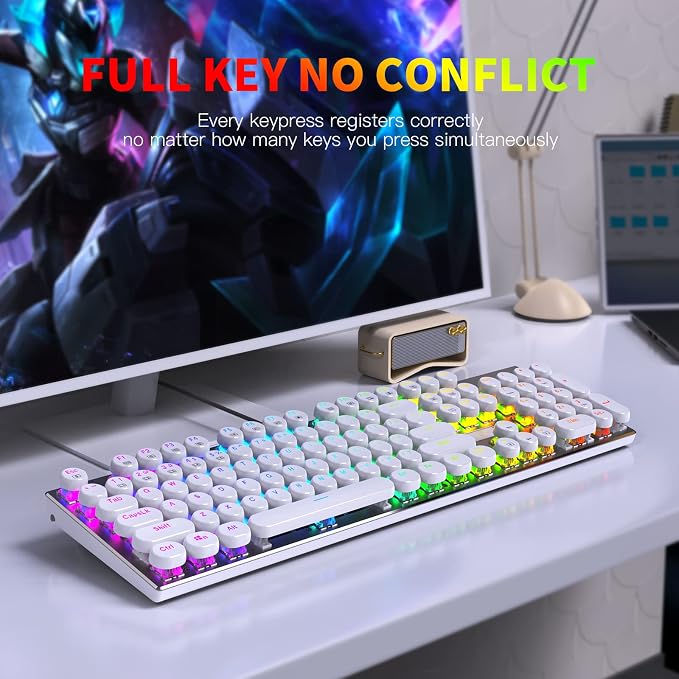 HUO JI E-Yooso Z-88 Wired Typewriter Style Mechanical Keyboard, White | Programmable RGB Backlit, Clicky Blue Switches, Detachable USB-C Cable, Metal Panel, 104 Double-Shot Keycaps for PC Gaming - Image 4