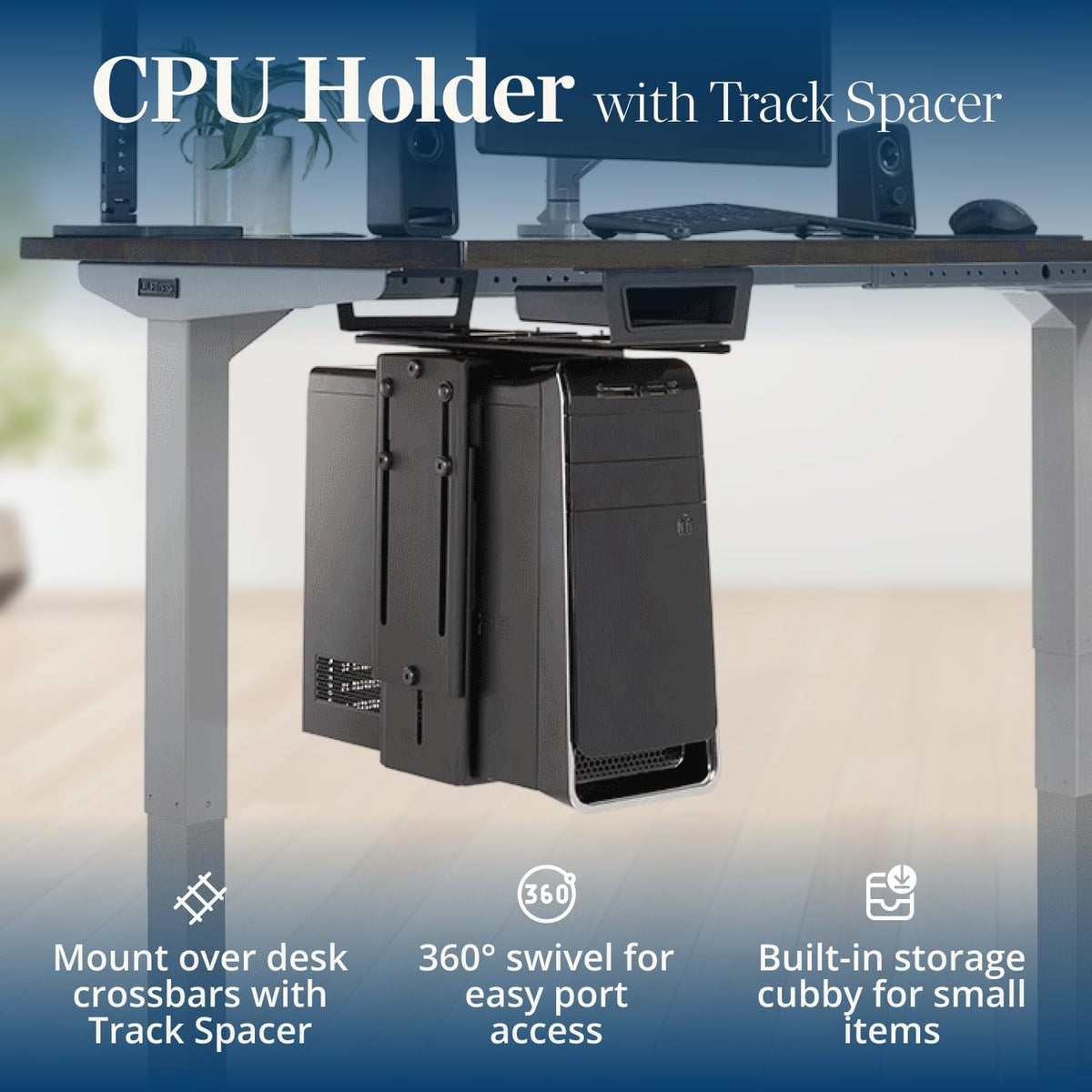 Under Desk PC Mount with Track Spacer – Adjustable CPU Holder with 16" Slide-Out Track & 360° Swivel, 50 lb Capacity PC Holder, Fits Most Desktop Towers, Standing Desks with Crossbars - Image 2