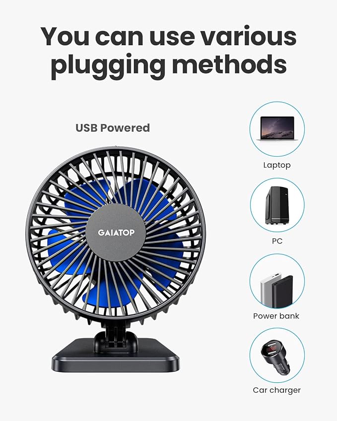 Gaiatop USB Desk Fan, Personal Portable Quiet Small Table Desktop fan | Powerful Mini 3 Speeds, Adjustable Head, for Cooling Home Office Car Summer Travel Gifts Blue - Image 6
