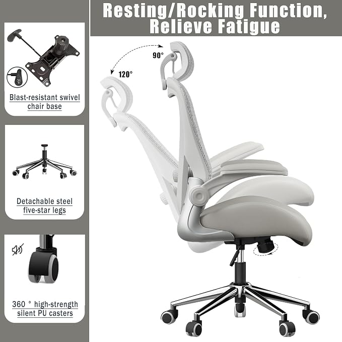 Grey Ergonomic Home Office Desk Chair, Premium Thickened Leather Curved seat with Breathable mesh Back, 3D headrest and Adjustable Lumbar Support, Ideal Chair for Office or Gaming, Gray - Image 6