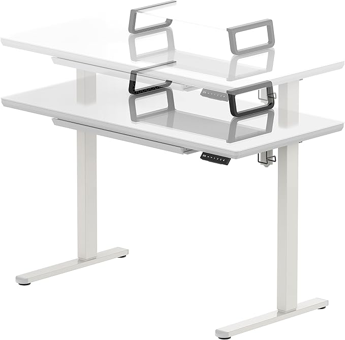 SHW 48-Inch Glass Electric Height Adjustable Standing Desk, White | w/ Monitor Riser | Memory Presets and Cable Management | Drawer with Built-in Compartments | Hanging Hooks - Image 7