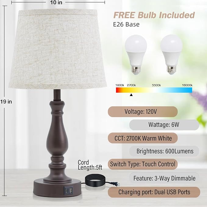 EJIAXIN Table Lamps for Bedrooms Set of 2 - Touch Bedside Lamps with USB C+A Ports - Dimmable Nightstand Lamps for End Tables Farmhouse Night Stand Lamps for Living Room Bed Side Guest Room - Image 3