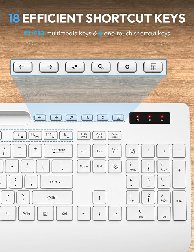 Wireless Keyboard and Mouse Combo, Full Size, Ergonomic Wrist Rest | 2.4G Lag-Free, 3-Level DPI, Phone Holder, Silent Typing, KM23D Batteries Powered Set for PC, Laptop, Windows, macOS (White) - Image 8