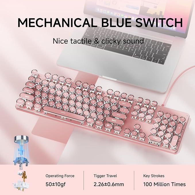 SEUNKWANG Typewriter Style Mechanical Gaming Keyboard with White Backlit, Wired Retro Punk Computer Keyboard Durable Metal Panel, Clicky Blue Switch, Round Keycaps, Full-Size for PC/Desktop/Win, Pink - Image 4