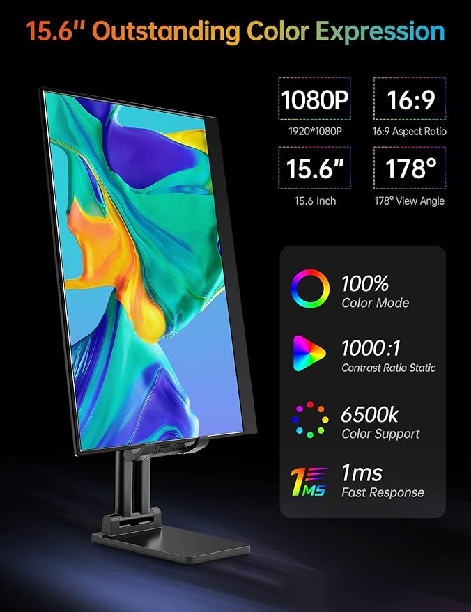 VILVA 15.6" FHD IPS USB-C HDMI Portable Monitor | 15.6" FHD IPS, USB-C/HDMI, cover+speakers, for PC/Mac/Phone/Xbox/Switch/PS4, portable. - Image 2