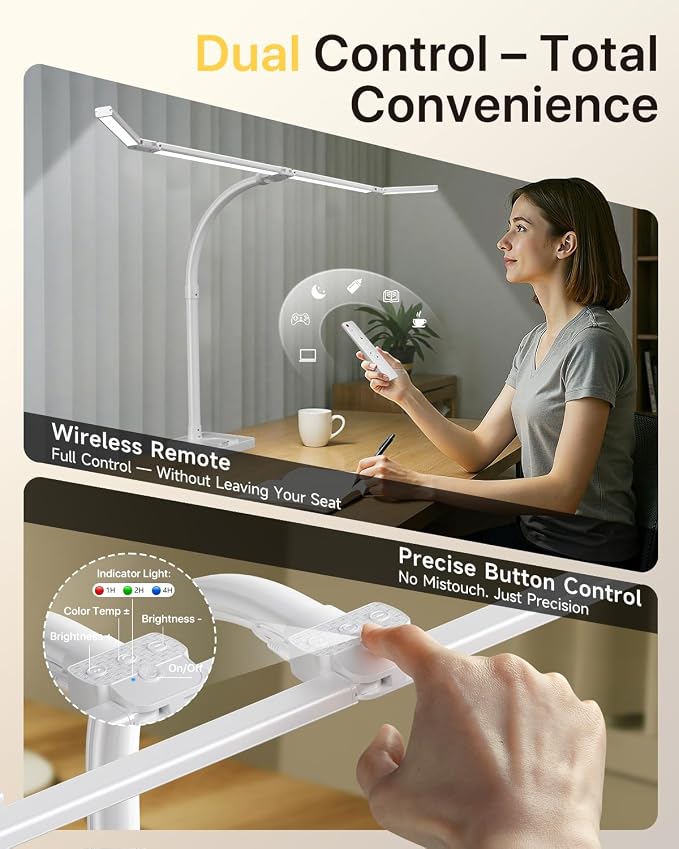 ONEMIX LED Desk Lamp with Base, 42-Inch 4-Panel Light for Dual Monitors | 1800 Lumens, 4 Adjustable Panels, 5 Color Temps, 5 Brightness Levels, Remote, Timer, Flicker-Free for Home Office - Image 3