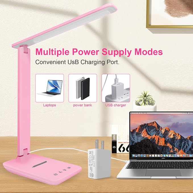 LED Desk Lamp for Office Home, Bright Desk Light with USB Charging Port, Adjustable Dimmable Desk Lamps 5 Modes 5 Brightness, Touch Study Lamp for Nail, Craft, Puzzle, Sewing, Study, Pink - Image 6