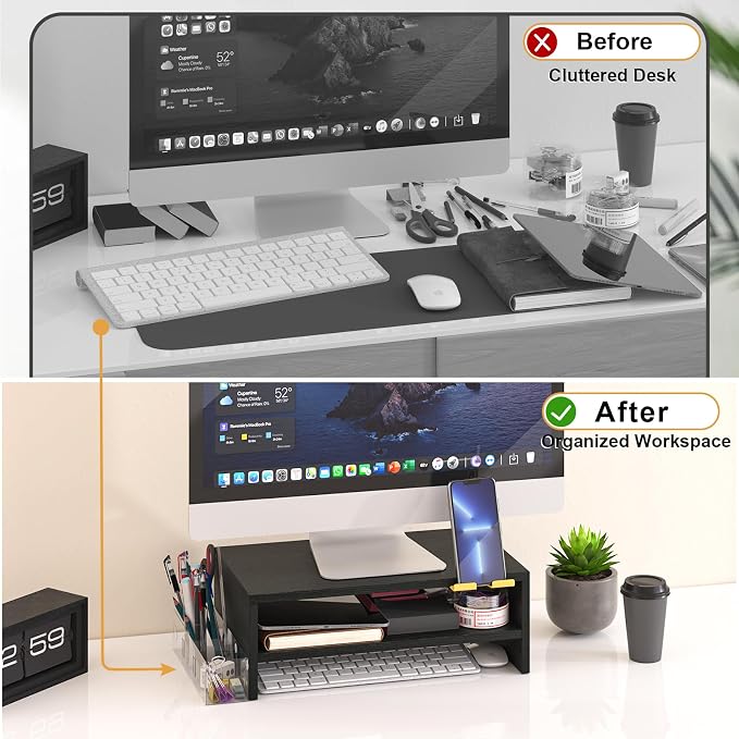 TEAMIX 2 Tiers Wood Monitor Stand Riser with Phone Holder & Side Pen Holder | Black Desk Organizer, 15.7L x 9.5W x 5.7 inch, Holds 80 lbs, Laptop/PC/Printer Stand, Ergonomic Design, Home Office Supplies - Image 6