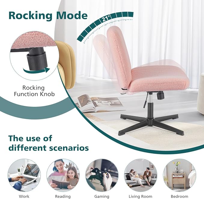 OLIXIS Criss Cross Chair, Vanity Chair, Home Office Desk | Cute Furry Teddy Fleece, Height Adjustable, Armless Wide Seating for Bedroom Student Study Room,Teddy Pink No Wheel - Image 7