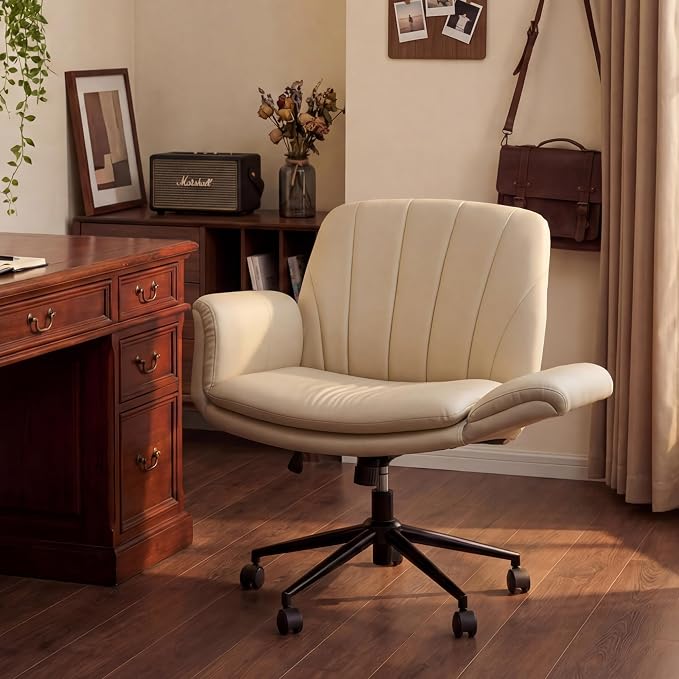 Dowinx Criss Cross Chair with Five-Level Adjustable Arms and Wheels - Comfortable Ergonomic PU Leather Swivel Vanity Chair - Computer Makeup Gaming Chair for Home Office, Bedroom, Vanity Room (Khaki) - Image 9