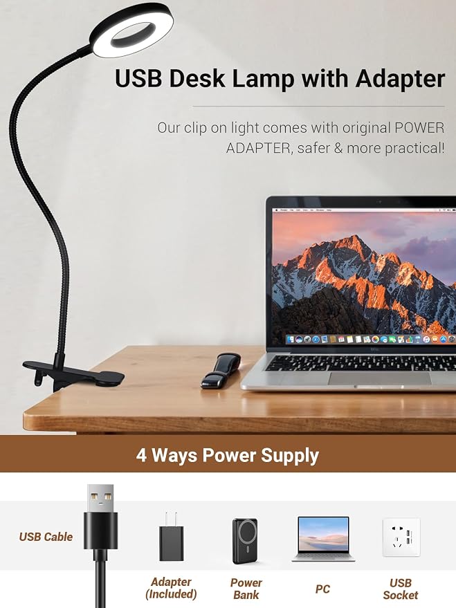 Clip on Lamp,5 Colors+10 Brightness Memory LED Desk Lamp with Clamp Light | 550lm Bright Clip on Light for Bed Headboard/Bedside Table,360° Adjustable Reading Light for Bed/Dorm/Nail/Puzzle,USB Adapter - Image 7