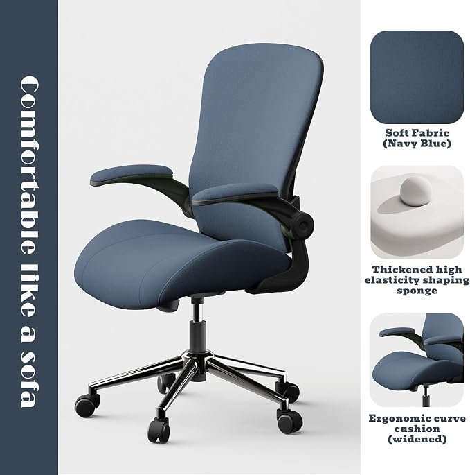 Blue Ergonomic Office Desk Chair, Soft Fabric Thickened Curved seat Cushion with Adjustable Lumbar Support, Perfect Blend of Comfort and Good Looks, Ideal Chair for Home or Office, Navy Blue - Image 3