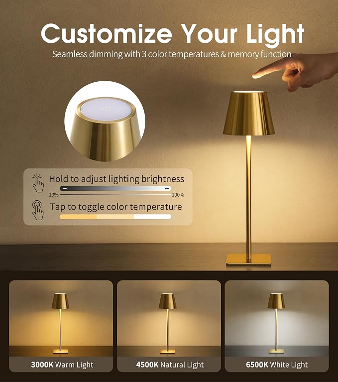 UME 6 Pack Cordless Table Lamp, Battery Operated Lamp - Portable Waterproof Rechargeable Table Lamp w/ 3 Color Temps & Stepless Dimming for Dinner, Desk, Cafe, Outdoor (Brushed Gold) - Image 3