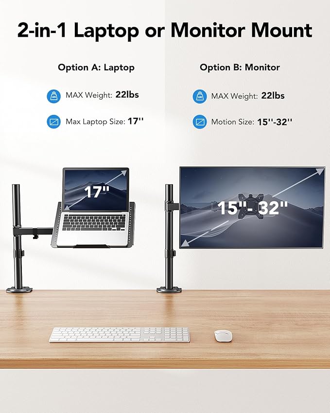HUANUO Laptop Desk Mount - 17' to 32' Monitor Arm, Ventilated Tray, Fully Adjustable with Tilt, Swivel & Rotation, Holds up to 22 lbs - Image 2