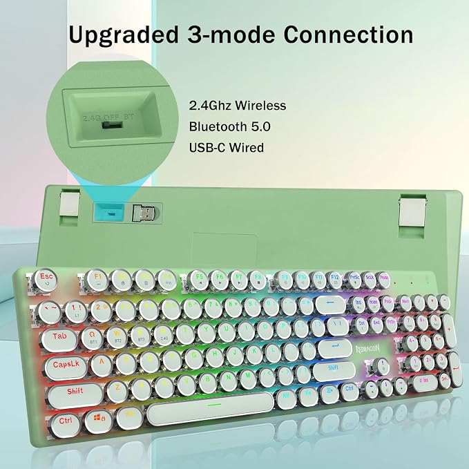 Redragon K710 Wireless Typewriter Mechanical Gaming Keyboard, Green | Bluetooth/2.4Ghz/Wired, RGB Led Backlit, Blue Switch - Clicky, Rechargeable 4000mAh, Solid Metal Panel, Round Keycaps - Image 2