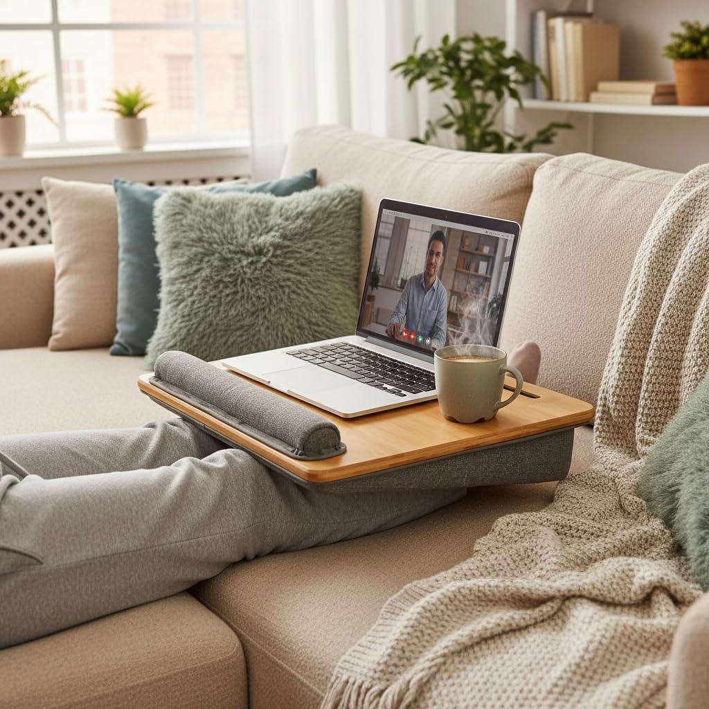 Bamboo Lap Desk for Laptop with Cushion Tablet Phone Holder Handle - Image 7