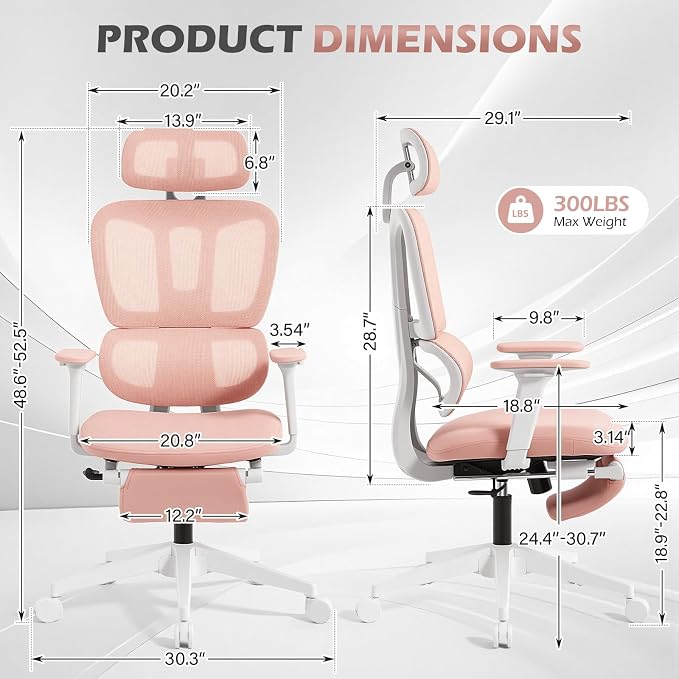 Ergonomic Office Chair with Footrest and Dynamic Lumbar Support, Pink | Reclining high-back computer chair, memory foam seat, 2D armrests, 2D headrest, mesh desk chair for home office, long hours - Image 3