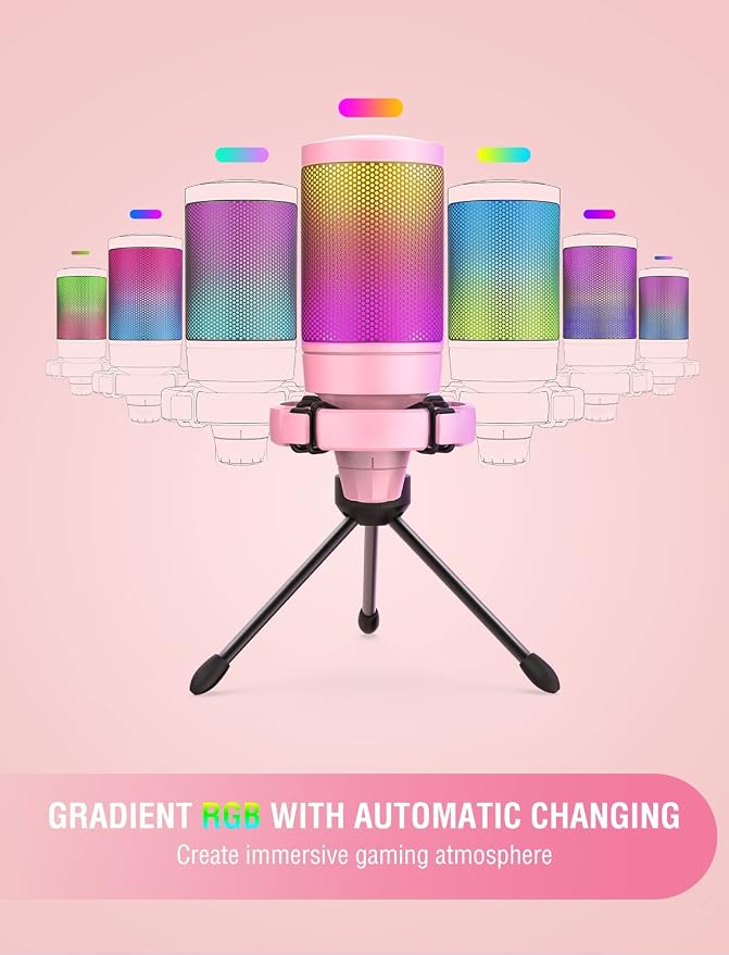 FIFINE AmpliGame Pink USB Gaming Microphone, Condenser RGB Mic for PC/PS5 | RGB Indicator, Gain Control, Quick Mute, Tripod Stand, Pop Filter, Cardioid Pickup, for Streaming Discord Twitch Podcasts - Image 4