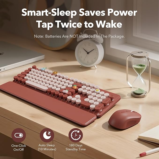 Wireless Keyboard and Mouse Combo, Wine Red Retro Typewriter Style Keyboard with Round Keycaps and Magnetic Wrist Rest, 2.4GHz Wireless for Mac, Windows PC, Laptop, Home Office, School, SABLUTE CK23 | Full-Size Retro Typewriter-Style Keyboard, Tilt Leg... - Image 6