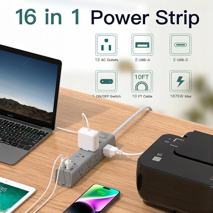 10FT Extension Cord, Power Strip Surge Protector with 12 AC Outlets & 4 USB | Flat Plug, 1050J Overload Protection, Wall Outlet Extender for Home Office Dorm Living Room Bedroom Essentials, ETL Listed - Image 2