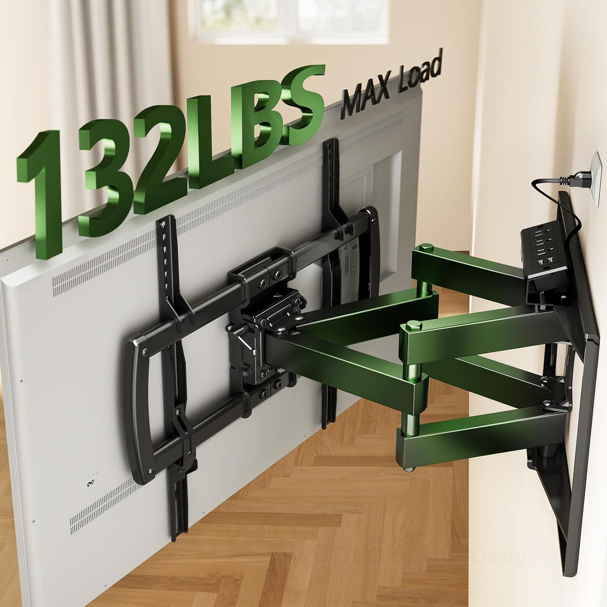 Full Motion TV Wall Mount Bracket with Power Outlet for Most 32-85 inch TV,TV Mount Dual Articulating Arms,Tilt/Swivel/Extension/Leveling,Fits 8” 12” 16" Studs,Max Vesa 600x400mm, Holds up to 132lbs - Image 9
