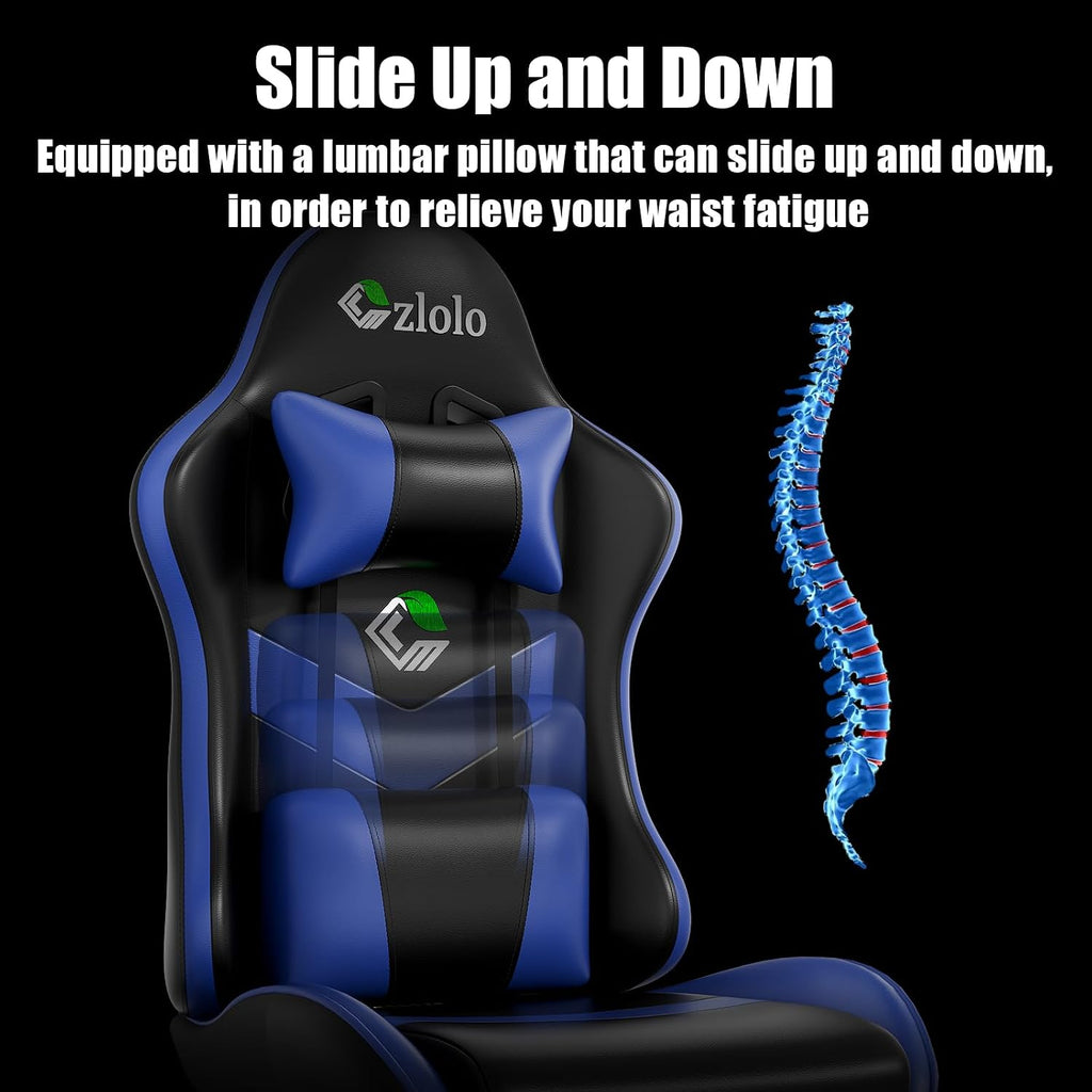 Gaming Chair with Footrest Racing Style Lumbar Support Massager Video Game Chair with Metal Legs, High Back Gamer Chair with Headrest, 360° Swivel Office Computer Desk Chair, Navy Blue - Image 6