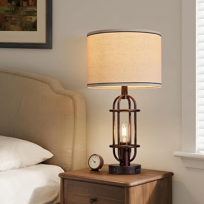 Reaketon 22.3" Table Lamps for Living Room Set of 2, Farmhouse Lamps for Nightstand, Vintage Table Lamps for Bedroom with USB Ports, Bulbs Included - Image 5