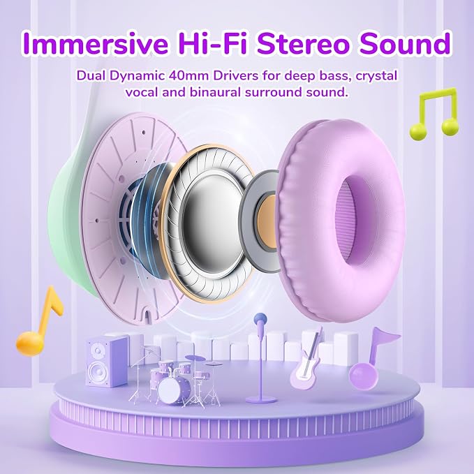 EarFun K3 Kids Headphones, Wired Kids Headphones with Mic for School/Travel | Built-in Mic, 85/94dB Volume Limit, HD Stereo Sound, 3.5mm Jack, Foldable Wired Headphones for Boys/Girls/Tablet/iPad, Purple - Image 4