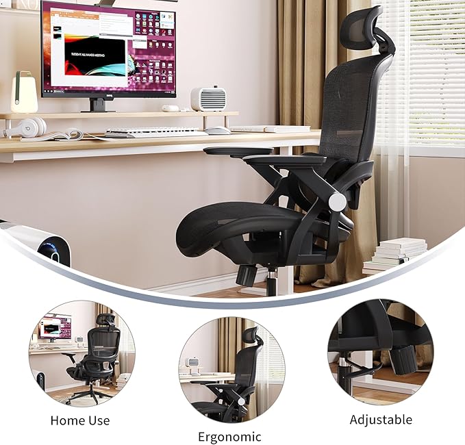 Office Chair Ergonomic Desk Chair with Lumbar Support&Headrest&Flip-up Arms Height Adjustable Rocking Swivel High Back Computer Chair Multi-Angle from 90° to 130° with 350LBS Capacity(04black) - Image 2
