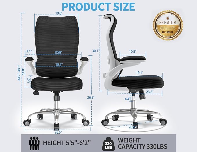 TRALT Office Chair Ergonomic Desk Chair - Gaming Chair with Lumbar Support | 330 LBS Home Office Desk Chairs , Reading Chair with Flip-up Armrests, Comfortable Computer Chairs (1, White Black) - Image 2