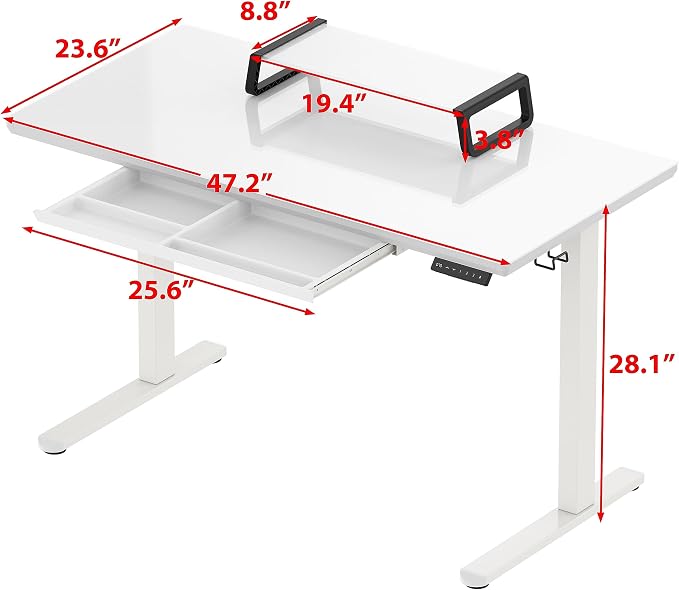 SHW 48-Inch Glass Electric Height Adjustable Standing Desk, White | w/ Monitor Riser | Memory Presets and Cable Management | Drawer with Built-in Compartments | Hanging Hooks - Image 3