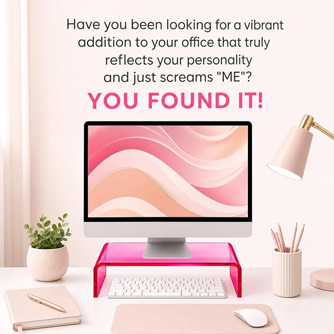 Ergonomic Acrylic Monitor Stand with Storage - Bright Pink Desktop Organizer for Back Pain Relief & Space Saving, Stylish & Modern Desktop Organizer(Home/Office Use) - Image 2