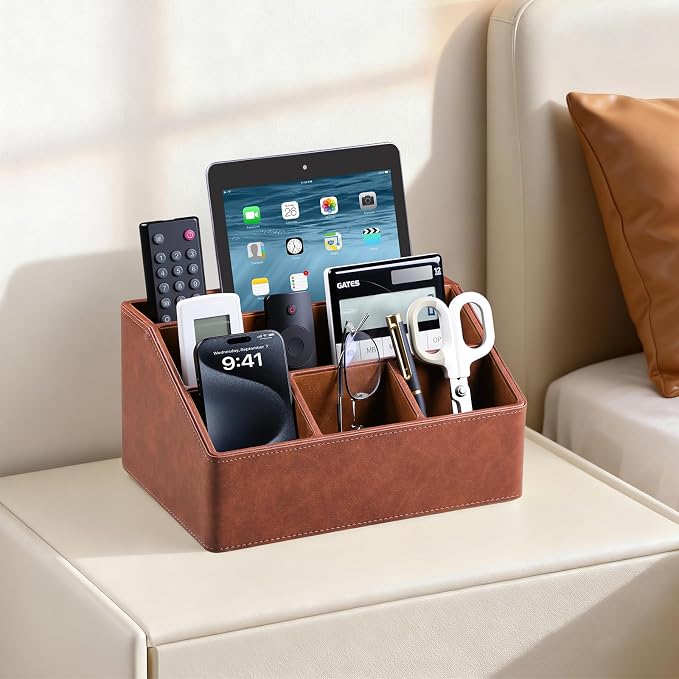 PU Leather Desk Organizer, Remote Control Holder, Brown | Luxury Nightstand Organizer for Home, Office Desk Accessories, Bedside Table Caddy with 5 Compartments, Velvet Lining - Image 6