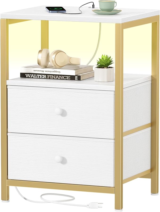 BOLUO Nightstand with Charging Station, LED Night Stand with 2 Fabric Drawers, Bedside Table with USB Ports and Outlets, Nightstand for Bedroom Modern by BOLUO