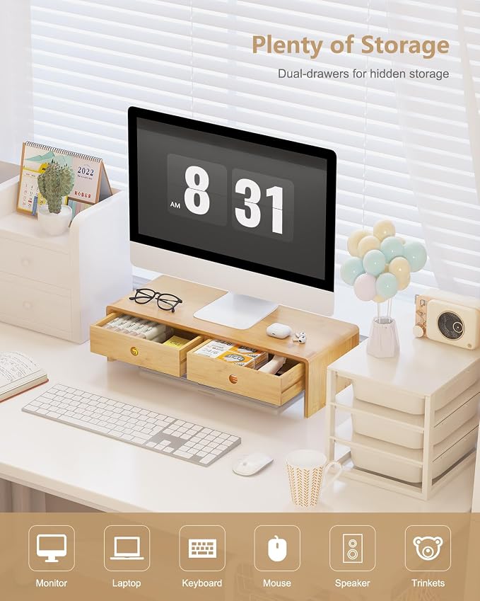 Ufine Bamboo Monitor Stand with 2 Drawers & Keyboard Storage | Ergonomic Desk Stand For PC & Laptop, No Assembly Needed, Multi-Purpose Desktop Organizer For Home Office - Image 3