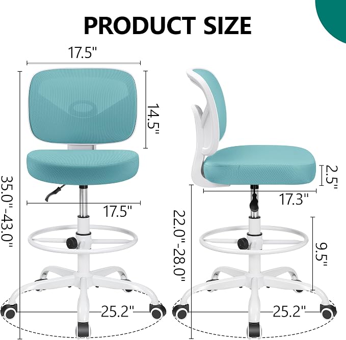 Armless Tall Desk Chair, Adjustable Height and Footring, Low-Back Ergonomic Standing Desk Chair Mesh Rolling Tall Chair for Art Room, Office or Home (Teal) - Image 3