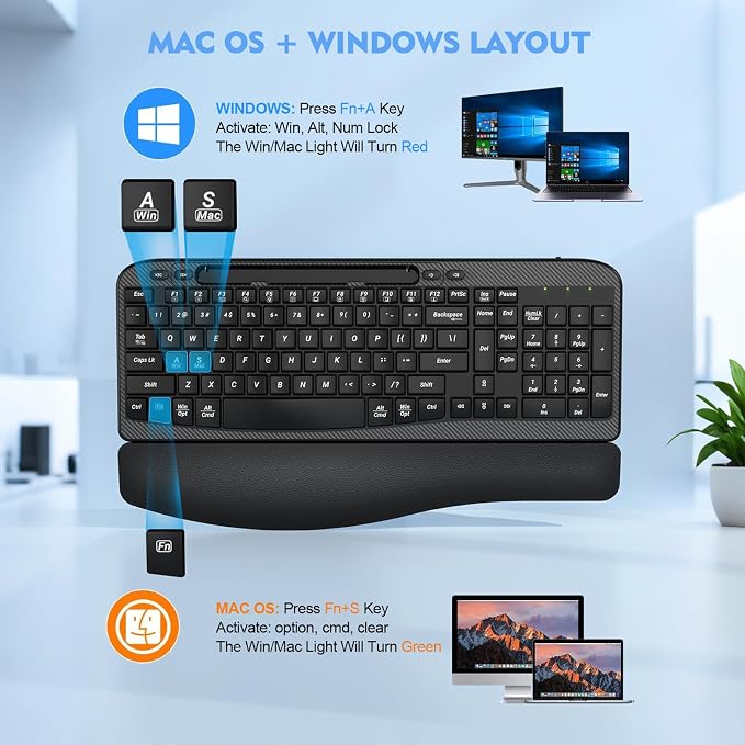 EAYBLLY 2.4G Wireless Ergonomic Keyboard, Full Size Wave Keys with Memory Foam Wrist Rest & 7.28in Phone Holder, USB-C Adapter Included for Windows Mac Chrome OS, Office or Home (Black) - Image 7