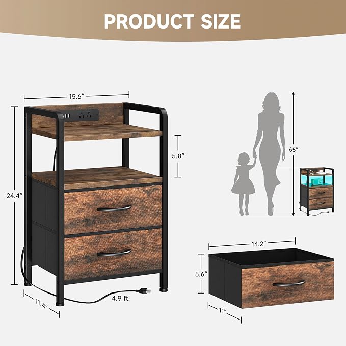 Lazzanto Nightstand with Rear Charging Station, LED Light, 2 Drawers, Brown | Industrial Nightstand, 2 USB-A Ports & AC Outlets, Raised Back Guard, Fabric Storage Drawers, Bedside Table for Bedroom, Dorm - Image 3