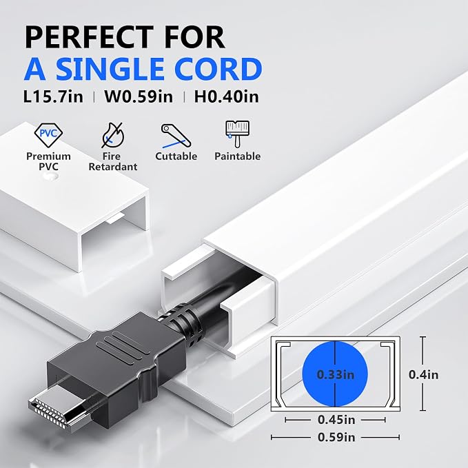 Delamu Cord Cover, 142in Wire Covers for Cords on Wall, Small Cord Cable Hider for 1 Wire, Ease Installation Cords Hider for Wall Mount TV, Paintable Cable Cover Raceway, L15.7 W0.59 H0.4in, White - Image 3