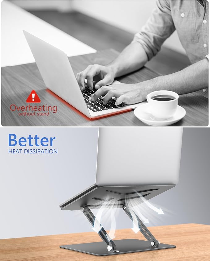 JCZT Adjustable Laptop Stand, Aluminum Laptop Stand for Desk, Classic Grey | Ergonomic Portable Laptop Stand, Ventilated Cooling Computer Notebook Holder for MacBook Air Pro, All 10-16'' Laptops - Image 4
