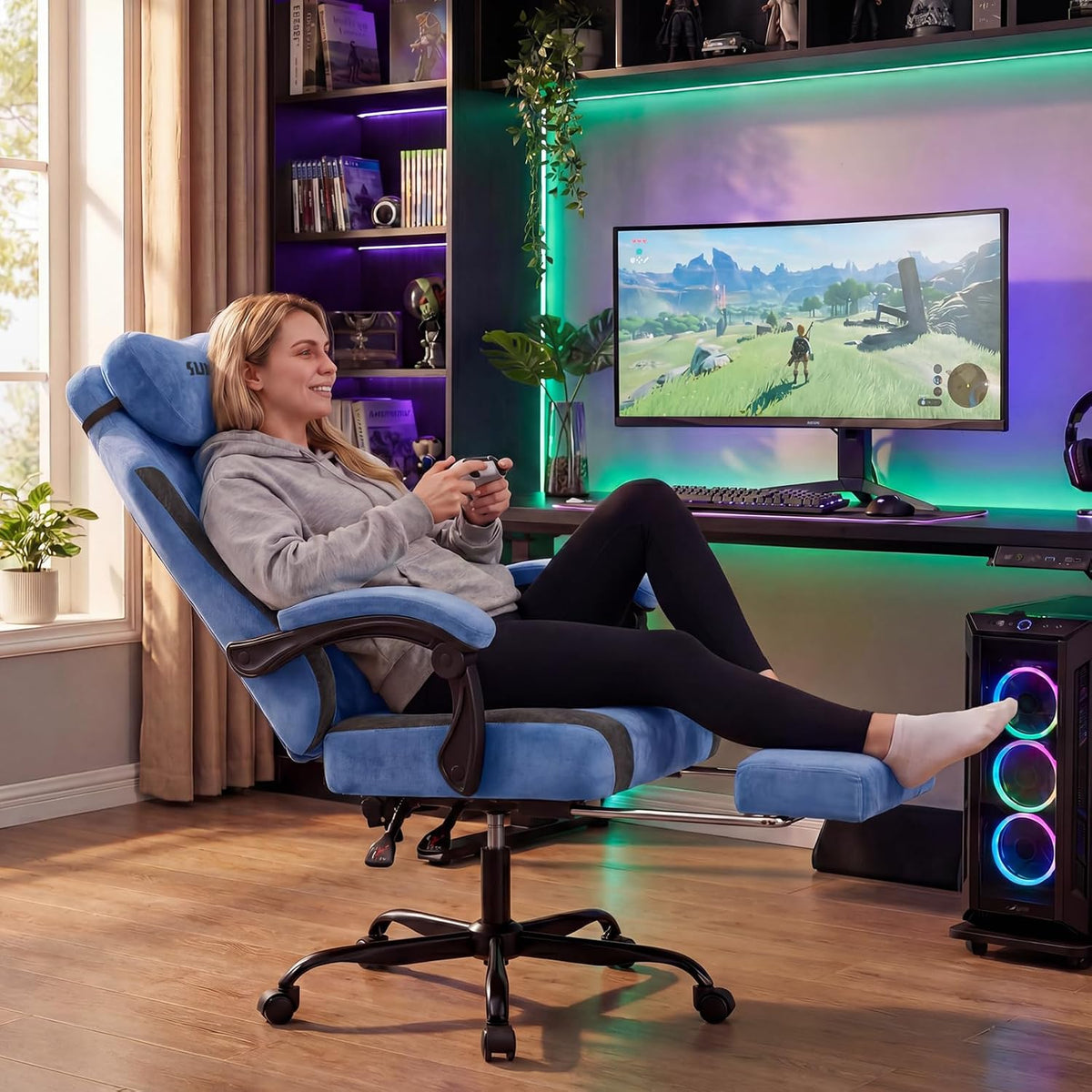 SUKIDA Fabric Video Gaming Chair, Ergonomic High-Back Computer Game Chairs with Large Massage Adjustable Lumbar Support, Headrest and Linked Armrests for Long Hours Sitting Task Chair, Black Blue - Image 2