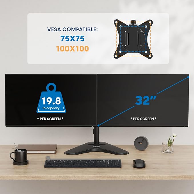 Mount-It! Dual Monitor Desk Stand Mount for 2 Screens VESA 75x75 & 100x100 | For Monitors up to 32”, Height Adjustable with Tilt, Swivel & Rotation - Image 4