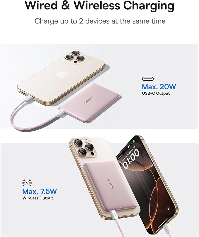 Baseus Picogo Power Bank, 0.3" Ultra Slim 5000mAh MagSafe Portable Charger, Card-Size Magnetic Battery Pack with USB-C Braided Cable, Alloy Wireless Charger for iPhone 17 Pro Max/17 Air/16/15/14/13/12 - Image 5