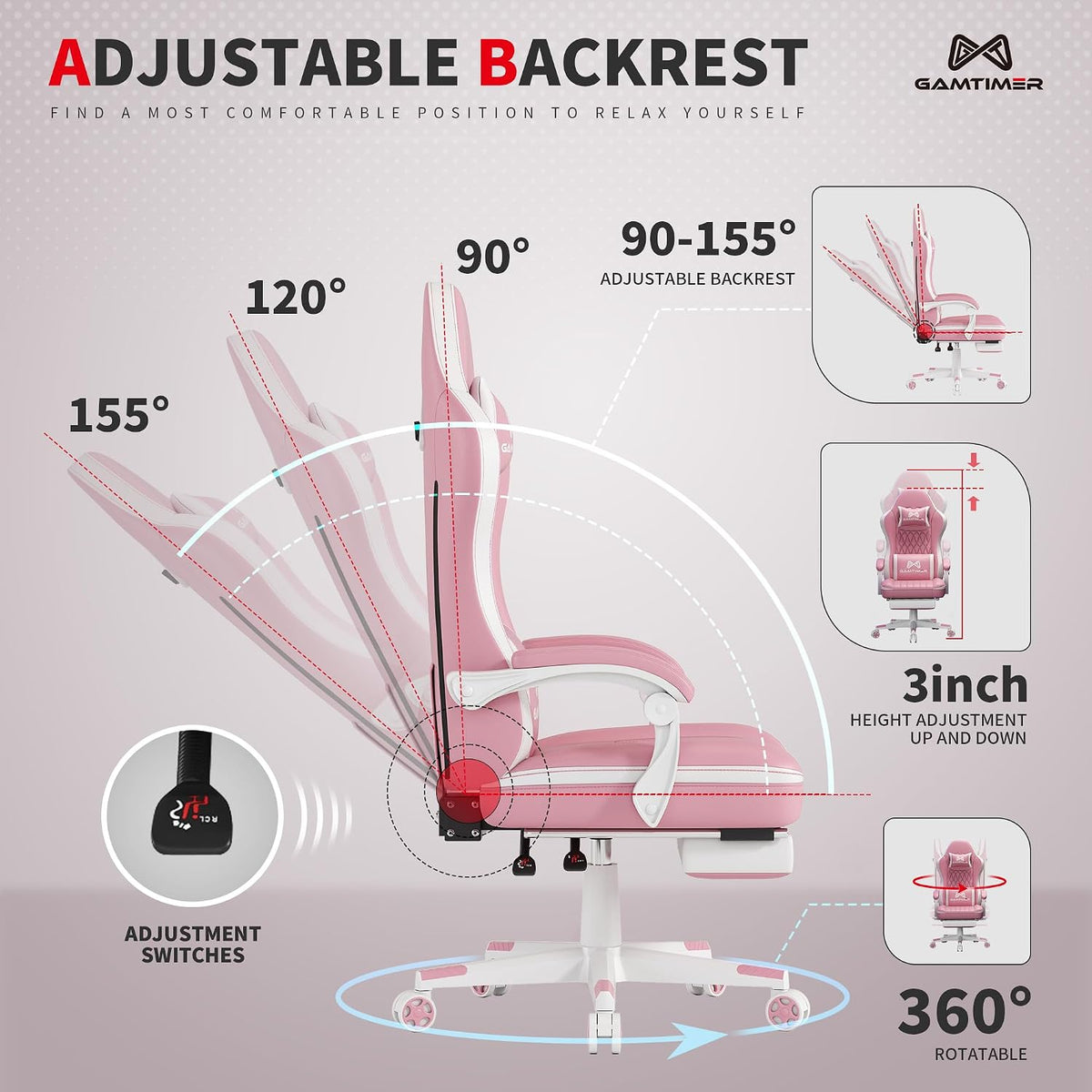 Gaming Chair, Computer Office Chair with Pocket Spring Cushion, 400 LBS Weight Capacity, Breathable PU, Headrest & Lumbar Support, for Silla Gamer Adults(Pink) - Image 6